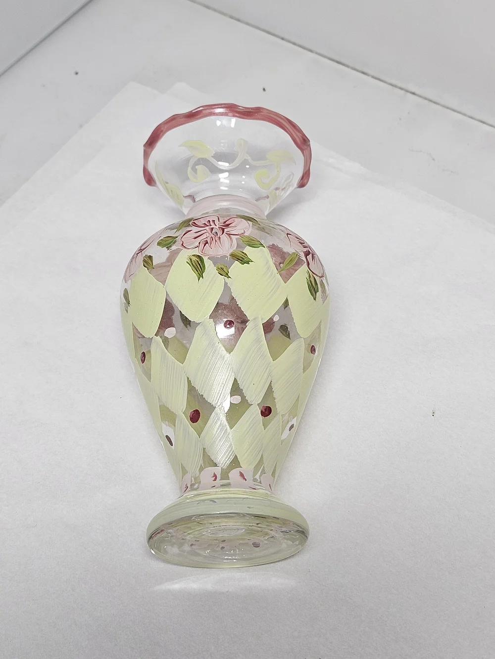 Vintage Tracey Porter Hand-Painted Glass Vase with Pink Floral Design